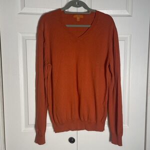 Prana Sweater Mens Large Orange V Neck Knit Cashmere Blend Pullover Long Sleeve